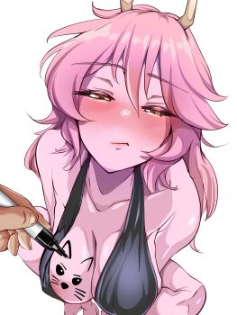 1girl 1other absurdres areola_slip ashido_mina black_dress black_sclera blush boku_no_hero_academia breasts chanwara_06 cleavage collarbone colored_sclera colored_skin commentary commentary_request drawing_(action) drawing_on_another dress from_above half-closed_eyes halterneck highres holding holding_marker horns large_breasts long_hair looking_at_viewer marker paid_reward_available pink_skin pout pov simple_background sitting solo_focus white_background yellow_eyes yellow_horns