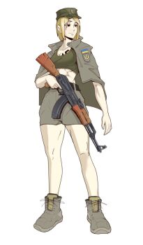 Rule 34 | 1girl, abs, ak-47, assault rifle, belt, blonde hair, boots, breasts, brown eyes, drawfag, full body, green shorts, gun, hat, highres, holding, holding gun, holding weapon, jacket, kalashnikov rifle, marichka, military, military patch, military uniform, nazi, non-web source, original, rifle, russo-ukrainian war, short hair, shorts, simple background, smile, soldier, solo, standing, submachine gun, swastika, swastika tattoo, tank top, tattoo, trigger discipline, tryzub, ukraine, ukrainian flag, weapon, white background