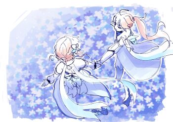 1boy 1girl aether_(as_heaven_and_earth_are_made_anew)_(genshin_impact) aether_(genshin_impact) ahoge baggy_pants blonde_hair blue_boots blue_flower blue_shirt boots border brother_and_sister commentary detached_sleeves dress english_commentary field floating_clothes floating_hair flower flower_field from_behind full_body genshin_impact gloves hair_flower hair_ornament half-closed_eyes high_ponytail highres holding_hands jacket kiatorix long_hair long_sleeves looking_at_another lumine_(as_heaven_and_earth_are_made_anew)_(genshin_impact) lumine_(genshin_impact) official_alternate_costume official_alternate_hairstyle open_clothes open_jacket open_mouth pale_skin pants ponytail puffy_detached_sleeves puffy_long_sleeves puffy_sleeves purple_flower scarf shirt short_hair siblings sidelocks sleeveless sleeveless_dress smile standing strapless strapless_dress wavy_hair white_border white_dress white_flower white_gloves white_jacket white_pants white_scarf white_sleeves