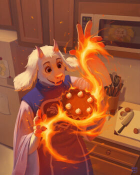 1girl absurdres artist_name cake commentary cupboard deltarune english_commentary eyelashes fire flowey_(undertale) food furry furry_female goat hand_up highres indoors kamikaze_mika knife magic microwave refrigerator robe smile solo spatula toriel undertale utdr_(toby_fox)