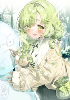 Rule 34 | 1girl, bow, brown coat, brown gloves, chi no, coat, commentary request, gloves, green bow, green eyes, green hair, hair ornament, hairband, highres, long hair, long sleeves, looking at viewer, open mouth, original, pouch, smile, snowman, solo, sweater, watermark, white sweater