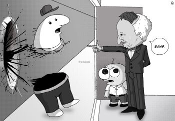 0homi 3boys arm_behind_back baseball_cap blood bow bowtie chainsaw_man charlie_dompler commentary english_commentary finger_gun hat highres hole_in_wall male_focus mr._boss multiple_boys old old_man open_door parody pim_pimling scene_reference severed_head signature smiling_friends the_boss_(smiling_friends) toon_(style) traditional_bowtie tuxedo twitter_username wig