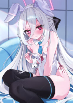 Rule 34 | 1girl, alternate costume, animal ear hairband, animal ears, bare shoulders, black bow, black thighhighs, blue archive, blue necktie, blush, bow, breasts, bright pupils, closed mouth, commentary, couch, detached collar, double-parted bangs, eyelashes, fake animal ears, feet out of frame, fingernails, hair between eyes, hair bow, hair spread out, hairband, half updo, halo, hand up, highleg, highleg leotard, highres, indoors, isanatori, kei (blue archive), kei (new body) (blue archive), leotard, long hair, long hair between eyes, looking at viewer, necktie, on couch, pink halo, playboy bunny, rabbit ear hairband, rabbit ears, rectangular halo, red eyes, ringed eyes, short necktie, sidelocks, sitting, small breasts, solo, straight hair, strapless, strapless leotard, sweatdrop, thighhighs, thighs, twitter username, v-shaped eyebrows, very long hair, white hair, white hairband, white leotard, white pupils, white wrist cuffs, wrist cuffs, yokozuwari