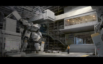 6+boys androgynous cable emblem english_text front_mission hangar headgear heart helmet highres indoors letterboxed male_focus mecha military_base multiple_boys pants realistic robot science_fiction stairs ukitakumuki vest whiteboard window