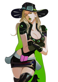 1girl absurdres boots breasts cape commentary cowboy_hat crossed_arms english_commentary genderswap genderswap_(mtf) goggles goggles_on_headwear green_eyes green_lips gyro_zeppeli hat high_heel_boots high_heels highres jojo_no_kimyou_na_bouken reichio simple_background solo steel_ball_run white_background