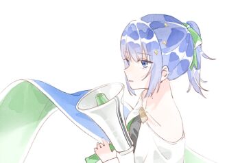 Rule 34 | 1girl, bare shoulders, black tube top, blue eyes, blue hair, collarbone, commentary, english commentary, flag, from side, hair ornament, hand up, harumore33, holding, holding megaphone, kiritani haruka, long sleeves, looking at viewer, megaphone, official alternate costume, official alternate hairstyle, parted lips, ponytail, project sekai, shrug (clothing), sidelocks, sideways glance, simple background, solo, star (symbol), star hair ornament, strapless, tube top, upper body, white background, white shrug, yakusoku no passerelle (project sekai)