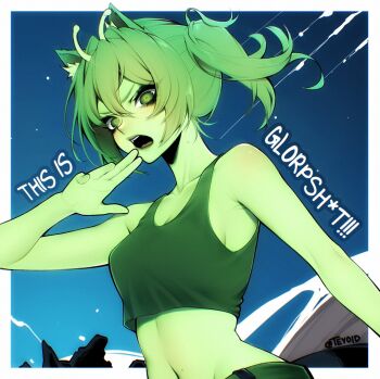 1girl animal_ears antennae border breasts cat_ears cat_girl censored_profanity cleavage colored_skin commentary double-parted_bangs english_commentary glorp green_eyes green_hair green_skin green_tank_top hair_between_eyes hand_up highres looking_at_viewer medium_breasts one_side_up open_mouth original outside_border personification short_hair solo tank_top teyoid upper_body white_border