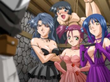 Rule 34 | 4girls, bdsm, blush, bondage, bound, breasts, candle, dominatrix, elbow gloves, femdom, formal clothes, fortuna (game), gloves, multiple girls, restrained, shibari, slave, suspension, whip, yuri, zyx