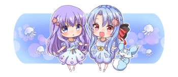 >_< 2girls :d :o alternate_costume black_bow blue_background blue_dress blue_eyes blue_hair blunt_ends blush bow braid chibi chibi_only commentary_request crown_braid dress dress_bow frilled_dress frills full_body hair_between_eyes hair_bow hair_ornament hair_ribbon happy highres inari_(summer_pockets) jellyfish kurage_(kurage19) long_hair looking_at_viewer multiple_girls off-shoulder_dress off_shoulder open_mouth outline purple_hair red_eyes red_ribbon ribbon siblings side-by-side sidelocks simple_background sisters skull_hair_ornament sleeveless sleeveless_dress smile sorakado_ai sorakado_ao standing starfish_hair_ornament summer_pockets twins very_long_hair white_outline yellow_bow