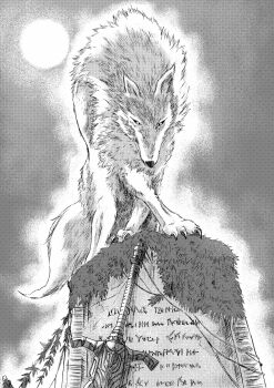 913kousatu absurdres animal_focus commentary_request dark_souls_(series) dark_souls_i full_moon great_grey_wolf_sif greyscale highres monochrome moon moss no_humans plant runes sword tombstone vines weapon wolf