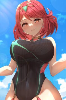 1girl bare_shoulders blurry blurry_background breasts covered_navel cowboy_shot earrings edamameoka from_below highres jewelry large_breasts one-piece_swimsuit pyra_(pro_swimmer)_(xenoblade) pyra_(xenoblade) red_eyes red_hair short_hair solo swimsuit tiara xenoblade_chronicles_(series) xenoblade_chronicles_2