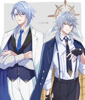 Rule 34 | 2boys, alternate costume, arm at side, asymmetrical hair, black gloves, black necktie, black pants, blue hair, blue jacket, blue necktie, blue vest, border, closed mouth, collared shirt, commentary request, cowboy shot, crossed arms, crossover, curtained hair, dated, earrings, eiri illust, feathered wings, fingerless gloves, genshin impact, gloves, gold earrings, grey background, grey hair, hair between eyes, hair over shoulder, halo, halo behind head, hand on own chest, head wings, highres, honkai: star rail, honkai (series), jacket, jacket on shoulders, jewelry, kamisato ayato, long sleeves, looking at viewer, male focus, medium hair, mihoyo, mole, mole under mouth, multiple boys, necktie, outside border, pants, parted bangs, parted lips, piercing, pocket watch, print vest, purple eyes, sayagata, shirt, side-by-side, simple background, sleeves rolled up, smile, spiked halo, standing, sunday (honkai: star rail), suspenders, tie clip, two-sided fabric, two-sided jacket, vest, watch, white border, white jacket, white pants, white shirt, white wings, wing piercing, wings, yellow eyes