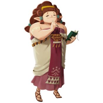 1girl :3 absurdres artist_request bare_shoulders blunt_tresses book brown_eyes brown_hair brown_sandals closed_mouth dress female_focus full_body hairband half-closed_eyes hands_up happy highres holding holding_book holding_pen hyrule_warriors:_age_of_imprisonment lenalia_(zelda) long_dress long_hair looking_at_viewer matching_hair/eyes official_art open_book pen sandals simple_background smile solo standing strapless strapless_dress tabard the_legend_of_zelda the_legend_of_zelda:_tears_of_the_kingdom transparent_background white_dress yellow_hairband