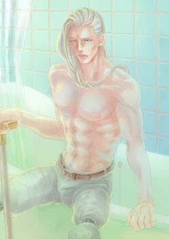 1boy amputee artificial_legs bathtub cane double_amputee grey_hair jean_pierre_polnareff jojo_no_kimyou_na_bouken keita_miso long_hair male_focus prosthesis prosthetic_leg scar topless_male solo