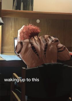 1boy arm_tattoo back back_muscles back_tattoo black_hair english_text from_behind hashtag-only_commentary highres jujutsu_kaisen male_focus meme multicolored_hair muscular naocturnall pink_hair ryoumen_sukuna_(jujutsu_kaisen) scratches short_hair sitting solo tattoo two-tone_hair waking_up_to_this_(meme)