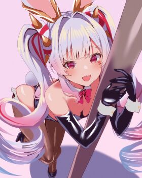 1girl absurdres animal_ears black_gloves black_leotard black_shoes duel_monster elbow_gloves fake_animal_ears fake_tail gloves high_heels highres leotard long_hair looking_at_viewer maliss_&lt;p&gt;_white_rabbit multicolored_hair open_mouth pole pole_dancing rabbit_ears rabbit_tail red_hair shoes smile solo strapless strapless_leotard streaked_hair stripper_pole tail twintails very_long_hair white_hair white_wrist_cuffs wrist_cuffs yu-gi-oh! yuzi124