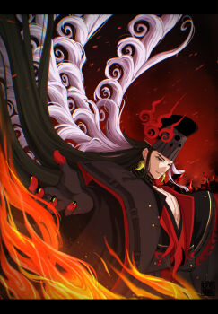 1boy ashiya_douman_(fate) ashiya_douman_(third_ascension)_(fate) black_nails colored_extremities commentary_request earrings fate/grand_order fate_(series) fire hat highres jewelry letterboxed long_hair magatama magatama_earrings male_focus multicolored_hair outstretched_arms petori1902 two-tone_hair very_long_hair wide_sleeves