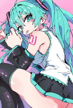 1girl absurdres aqua_eyes aqua_hair aqua_necktie aqua_trim arm_tattoo ass black_boots blush boots detached_sleeves dress_shirt elenagr full_body hair_between_eyes hair_ornament hatsune_miku highres long_hair looking_at_viewer lying miniskirt nail_polish necktie number_tattoo on_side shiny_skin shirt skirt sleeveless sleeveless_shirt solo tattoo thigh_focus thighhighs thighs tongue tongue_out twintails v-shaped_eyebrows very_long_hair vocaloid