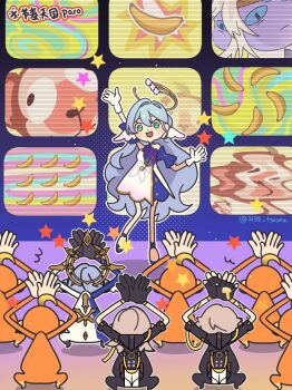 2134twone 2boys 2girls ahoge aqua_eyes banana blue_hair caelus_(honkai:_star_rail) clapping double-parted_bangs dress food fruit gloves hair_intakes halo head_wings honkai:_star_rail honkai_(series) long_hair monkey multiple_boys multiple_girls outline parody rhythm_tengoku robin_(honkai:_star_rail) star_(symbol) stelle_(honkai:_star_rail) style_parody sunday_(honkai:_star_rail) trailblazer_(honkai:_star_rail) twitter_username very_long_hair white_outline wings xipe_(honkai:_star_rail)