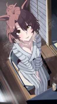 1girl absurdres alternate_costume alternate_hairstyle animal_ears blurry blurry_background blush breasts cat cleavage closed_mouth collarbone commentary_request dantsu_flame_(umamusume) highres hitempo horse_ears inn japanese_clothes kimono large_breasts looking_at_viewer onsen ryokan sitting solo table umamusume yukata