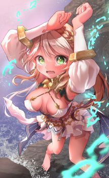 Rule 34 | 1girl, absurdres, andromeda (fate), arms up, barefoot, breasts, breasts apart, broken, broken chain, brown hair, chain, commentary request, crying, crying with eyes open, cuffs, detached sleeves, fate/grand order, fate (series), green eyes, highres, kaneko kogane, long sleeves, looking at viewer, multicolored hair, ocean, open mouth, rock, shackles, solo, tears, two-tone hair, water, white hair