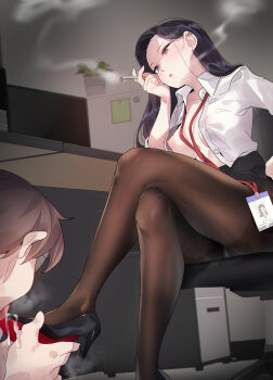1boy 1girl a_pervert&#039;s_daily_life alicecrazy black_eyes black_pantyhose black_shoes black_skirt blush breasts brown_hair chair character_request cigarette collarbone collared_shirt computer covered_erect_nipples desk earrings female_focus glasses high_heels highres id_card indoors jewelry large_breasts licking licking_cum licking_shoes long_hair long_sleeves midriff miniskirt mole mole_on_breast mole_under_eye mole_under_mouth monitor nipples office office_chair office_lady official_art open_mouth pantyhose pencil_skirt piercing salaryman shirt shoes short_hair sitting skirt smoking stomach swivel_chair unbuttoned unbuttoned_shirt white_shirt