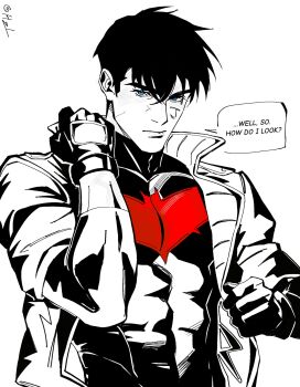 1boy bat_signal batman_(series) batman_symbol black_bodysuit black_gloves black_hair blue_eyes bodysuit brown_jacket dc_comics gloves grey_bodysuit highres jacket jason_todd male_focus multicolored_bodysuit muscular muscular_male open_clothes red_hood_(dc) red_hood_and_the_outlaws short_hair superhero_costume taut_bodysuit two-tone_bodysuit zheyanhengzheyu