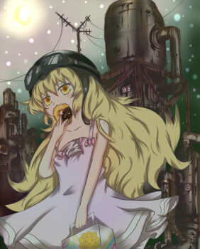 00s bad_id bad_pixiv_id bakemonogatari blonde_hair blush eating fang food goggles hat kimera long_hair monogatari_(series) moon night oshino_shinobu solo yellow_eyes