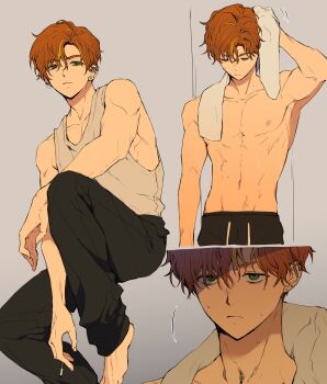 1boy absurdres alternate_costume arm_at_side arm_up barefoot black_pants blonde_hair bloom_festival_(project_sekai) closed_mouth drawstring drying drying_hair drying_own_hair ear_cuffs earrings grey_background highres hingu_09 jewelry knee_up male_focus multicolored_hair multiple_views navel nipples official_alternate_hairstyle orange_hair pants project_sekai shinonome_akito short_hair simple_background sleeveless streaked_hair tank_top topless_male towel towel_around_neck two-tone_hair