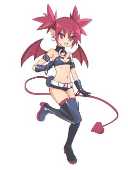 1girl ayu_(ddestiny944) bat_wings belt belt_buckle black_boots black_gloves black_shorts boots breasts buckle demon_girl demon_tail disgaea earrings elbow_gloves etna_(disgaea) gloves highres jewelry long_hair navel open_mouth pointy_ears red_eyes red_hair short_twintails shorts simple_background skull_earrings small_breasts smile solo standing standing_on_one_leg tail thigh_boots twintails white_background white_belt wings