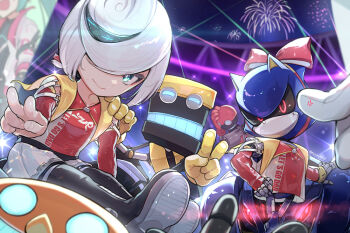 1girl aerial_fireworks artist_name black_boots blue_eyes blue_hair bodysuit boots cape capelet car child colored_extremities colored_inner_hair colored_skin commentary commentary_request cubot double_v dr._eggman fireworks glowing glowing_eyes glowing_mouth hair_ribbon hand_on_another's_shoulder hatsune_miku hatsune_miku_(sonic_style) head_on_hand holding insignia leaning_back leaning_to_the_side metal_sonic metal_wrist_cuffs military_rank_insignia motor_vehicle multicolored_hair myuutau_tadakichi night orbot race_queen race_vehicle racecar recording ribbon sage_(sonic) signature sitting sitting_on_object skirt sonic_(series) sonic_frontiers sonic_racing:_crossworlds sweat sweatdrop twitter_username v video_camera viewfinder white_hair white_skin white_skirt yellow_cape