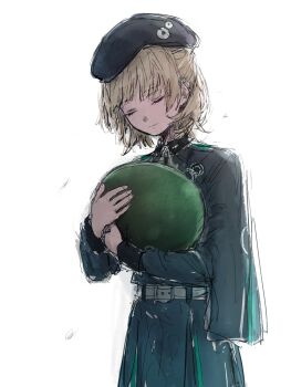 Rule 34 | 1girl, 1other, blonde hair, hat, heaven burns red, highres, hug, kulfiq, military hat, military uniform, nanase nanami (heaven burns red), narby (heaven burns red), short hair, simple background