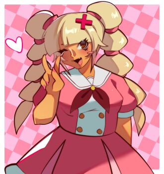 1girl absurdres blonde_hair blush blush_stickers border breasts brown_eyes checkered_background commentary crystal_(tomodachi_life:_living_the_dream) dark-skinned_female dark_skin dress english_commentary gyaru hair_ornament hand_up heart heyrvcksack highlighter_(makeup) highres long_hair looking_at_viewer makeup medium_breasts multi-tied_hair one_eye_closed open_mouth outside_border pink_background pink_dress pink_nails sailor_collar sidelocks single_blush_sticker smile solo tomodachi_life tomodachi_life:_living_the_dream tongue twintails v white_border x_hair_ornament