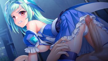 1boy 1girl aqua_hair bald blue_hair blue_skirt blue_sleeves blurry blurry_background blush breasts censored chest_jewel clenched_teeth clothed_female_nude_male detached_sleeves dress exs-tia_aqua floating_headgear frilled_skirt frills game_cg girl_on_top hair_intakes headgear hetero imminent_penetration imminent_rape imminent_vaginal indoors kamitsurugi_ouka kouyoku_senki_exs-tia_concert kunijima_chiaki large_breasts leotard long_hair looking_back magical_girl miniskirt mosaic_censoring night nipples non-web_source nude official_art penis pleated_skirt red_eyes shiny_skin short_dress skirt solo_focus straight_hair swept_bangs teeth thighhighs variant_set very_long_hair visual_novel