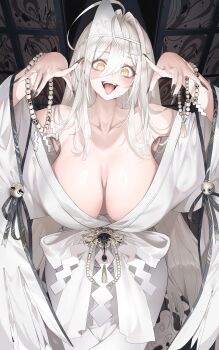 1girl :d absurdres alternate_costume azur_lane black_nails breasts cleavage collarbone commentary dishwasher1910 dress english_commentary fangs hakuhou_(azur_lane) highres large_breasts large_variant_set long_hair looking_at_viewer open_mouth smile solo teeth tongue tongue_out twitter_username upper_teeth_only variant_set white_dress white_hair white_wings wings yellow_eyes