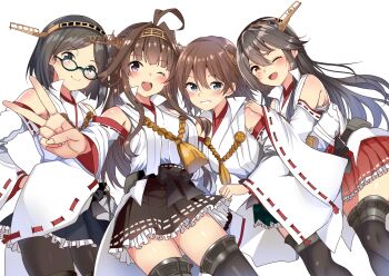 Rule 34 | 4girls, absurdres, ahoge, black hair, black pantyhose, brown hair, brown skirt, detached sleeves, double bun, glasses, green-framed eyewear, green eyes, green skirt, grin, hair bun, hakama, hakama short skirt, hakama skirt, haruna (kancolle), haruna kai ni (kancolle), headgear, hiei (kancolle), hiei kai ni (kancolle), highres, himura moritaka, japanese clothes, kantai collection, kirishima (kancolle), kirishima kai ni (kancolle), kongou (kancolle), kongou kai ni (kancolle), long hair, multiple girls, nontraditional miko, one eye closed, pantyhose, pladi skirt, popped collar, red skirt, ribbon-trimmed sleeves, ribbon trim, short hair, skirt, smile