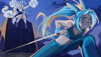 2girls animal_ears beanni blue_eyes blue_hair blue_sports_bra cheering cheerleader cyan_(horse_race_tests) highres holding holding_pom_poms horse_ears horse_girl horse_race_tests horse_tail multiple_girls open_mouth pom_pom_(cheerleading) pom_poms ponytail pulling sitting sports_bra superstitional_realism sweat tail teeth training upper_teeth_only