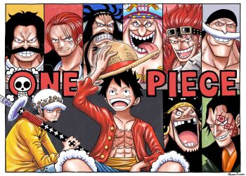 1girl 6+boys abs beard charlotte_linlin clenched_hands clenched_teeth competition earrings edward_newgate eustass_kid everyone evil_grin evil_smile facial_hair facial_tattoo fat fat_woman father_and_son gol_d._roger grin hat heads_together highres holding holding_weapon horns jacket jacket_on_shoulders jewelry kaidou_(one_piece) marshall_d._teach mechanical_arms monkey_d._dragon monkey_d._luffy multiple_boys muscular mustache old old_man old_woman one_piece open_clothes open_shirt red_hair saliva scar scar_on_chest scar_on_face serious shanks_(one_piece) sharp_teeth sheath sheathed single_mechanical_arm sitting smile tattoo teeth tongue tongue_out trafalgar_law weapon