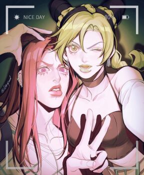 1boy 1girl 61troyard black_choker black_hair black_tube_top braid breasts choker collarbone commentary_request cone_hair_bun double_bun earrings fake_phone_screenshot fake_screenshot fishnet_top fishnets green_eyes green_hair green_lips hair_bun halterneck highres jewelry jojo_no_kimyou_na_bouken kuujou_jolyne long_hair looking_at_viewer makeup medium_breasts multicolored_hair narciso_anasui one_eye_closed open_mouth parted_lips piercing pink_eyes pink_hair pink_lips selfie stone_ocean strapless teeth tube_top two-tone_hair upper_body v viewfinder