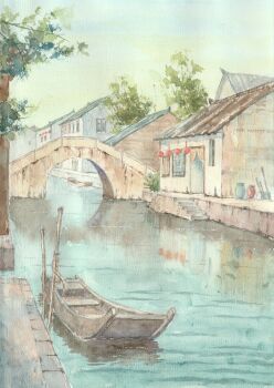 arch boat bridge building canal commentary_request day highres house no_humans original outdoors painting_(medium) paruperu reflection reflective_water scenery traditional_media urban water watercolor_(medium) watercraft