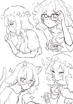 Rule 34 | 2girls, absurdres, adjusting eyewear, animal ears, arm rest, bare shoulders, blonde hair, blowing, blush, bow, bra, breasts, cat ears, cat tail, chibi, closed mouth, coat, cold, collar, cup, dress, fedora, finger in own mouth, glasses, hand on own chin, hat, hat bow, heart, highres, holding, holding cup, i heart..., jitome, kemonomimi mode, looking at another, maribel hearn, medium breasts, mob cap, multiple girls, multiple persona, musical note, no headwear, puffy short sleeves, puffy sleeves, scarf, shirt, short hair, short sleeves, sick, simple background, sneezing, sparkle, spill, spoken musical note, spoken sweatdrop, sweatdrop, t-hou, tail, thinking, touhou, underwear, usami renko, white background, white hat, winter clothes, winter coat