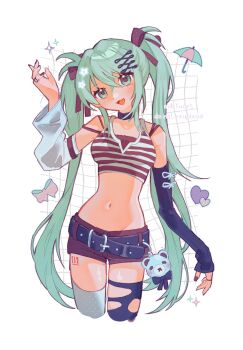 1girl aqua_eyes aqua_hair asymmetrical_legwear asymmetrical_sleeves belt black_belt black_choker black_thighhighs bow brown_shorts charm_(object) choker collarbone commentary crossed_bangs detached_sleeves english_commentary grid_background hair_between_eyes hair_bow hair_ornament hatsune_miku heart highres jewelry long_hair looking_at_viewer midriff miku_day milktuart mixed-language_commentary nail_polish navel open_mouth purple_bow red_nails red_tank_top ring short_shorts shorts sleeves_past_wrists solo striped_tank_top tank_top thighhighs torn_clothes torn_thighhighs two-tone_tank_top umbrella very_long_hair vocaloid white_tank_top white_thighhighs