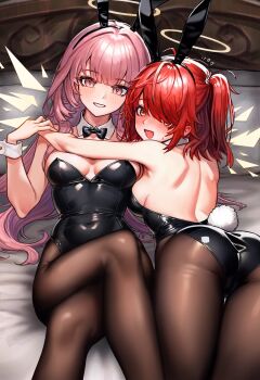2girls :d animal_ear_hairband animal_ears arknights ass back backless_outfit bare_shoulders bed black_leotard blush bow bowtie breasts covered_navel crossed_legs detached_collar detached_wings dsr147g embarrassed energy_wings exusiai_(arknights) fake_animal_ears fake_tail hair_over_one_eye hairband halo highleg highleg_leotard highres hug lemuen_(arknights) leotard looking_at_viewer looking_back lying medium_breasts multiple_girls on_back on_bed on_stomach open_mouth pantyhose pink_eyes pink_hair playboy_bunny rabbit_ear_hairband rabbit_ears rabbit_tail red_eyes red_hair shoulder_blades sideboob smile strapless strapless_leotard tail thighs traditional_halo white_halo white_wrist_cuffs wings wrist_cuffs