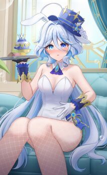 1girl absurdres ahoge alternate_costume animal_ears ascot asymmetrical_gloves bare_shoulders black_gloves blue_ascot blue_eyes blue_gemstone blue_hair blue_hat blue_pupils blue_wrist_cuffs blush breasts colored_inner_hair commentary_request drop-shaped_pupils fake_animal_ears fishnet_pantyhose fishnets food furina_(genshin_impact) gem genshin_impact gloves hair_between_eyes hat heterochromia highres holding holding_tray indoors leotard long_hair long_sleeves looking_at_viewer macaron mismatched_gloves multicolored_hair pantyhose parted_lips playboy_bunny rabbit_ears sitting solo strapless strapless_leotard symbol-shaped_pupils teardrop-shaped_gem thigh_strap tray very_long_hair white_gloves white_hair white_leotard wrist_cuffs ymm yukiunag1