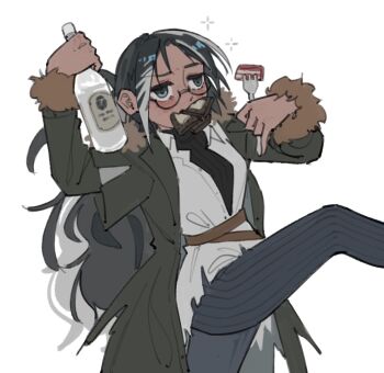 1girl 2542442836 alcohol arknights bacon bird_girl black_hair blue_eyes blue_leg_warmers blush bottle coat drunk feather_hair food food_in_mouth food_request fork fur_trim glasses green_coat holding holding_bottle holding_fork leg_warmers long_hair long_sleeves messy_hair mouth_hold open_clothes open_shirt shirt simple_background snegurochka_(arknights) solo squeans turtleneck very_long_hair vodka white_background white_hair white_shirt