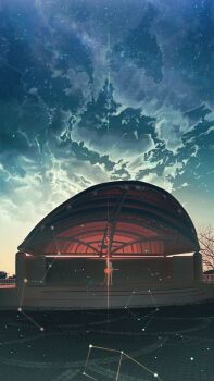 1girl absurdres amplifier arm_up banishment bare_tree big_dipper cassiopeia_(constellation) cetus_(constellation) clenched_hand cloud commentary constellation dusk english_commentary fence guitar highres hood hoodie instrument lens_flare long_hair music original outdoors pavement pegasus_(constellation) playing_instrument purple_hair scenery sett shorts sky solo stage star_(sky) starry_sky sunset tree