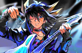 1boy armband black_armband black_choker black_hair black_jacket black_nails black_shirt blue_background blue_eyes choker colored_tips cross cross_earrings earrings electric_guitar electricity face_piercing facial_mark facing_to_the_side fudo_yusei glowing guitar hair_slicked_back hand_up highres holding holding_guitar holding_instrument holding_plectrum indoors instrument jacket jewelry lanyard leather leather_jacket light_particles lip_piercing looking_to_the_side male_focus multicolored_hair one_eye_closed open_clothes open_jacket outstretched_arm piercing pinching pinching_gesture playing_guitar playing_instrument plectrum popped_collar red_choker rynyan0924 shirt silver_earrings smoke spiked_hair stage stage_lights sweatdrop yu-gi-oh! yu-gi-oh!_5d&#039;s