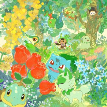 animal_focus berry_(pokemon) blue_flower bright_pupils brown_eyes bud bulbasaur chespin chikorita closed_eyes closed_mouth commentary_request fangs flower food fruit gen_1_pokemon gen_2_pokemon gen_3_pokemon gen_4_pokemon gen_5_pokemon gen_6_pokemon gen_7_pokemon gen_8_pokemon grass grookey holding holding_food holding_fruit ikegami_yoriyuki in_tree leaf nature nintendo no_humans nostrils official_art open_mouth outdoors pecha_berry pink_flower pokemon pokemon_(creature) pokemon_focus red_eyes red_flower rowlet second-party_source sleeping smile snivy sprigatito teeth tree treecko turtwig upper_teeth_only white_pupils yellow_flower