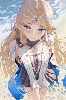 Rule 34 | 1girl, absurdres, bare shoulders, black dress, blonde hair, blue eyes, breasts, cartethyia (wuthering waves), closed mouth, commentary request, crown of thorns, dress, earrings, fleur-de-lis, highres, jewelry, long hair, long pointy ears, looking at viewer, multiple earrings, necklace, parted bangs, pointy ears, revision, sidelocks, small breasts, smile, solo, soul (smfa2555), tabard, tacet mark (wuthering waves), very long hair, white tabard, wuthering waves