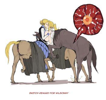 2girls absurdres animal_pussy artist_request bestiality bisexual_female black_skirt black_vest blonde_hair blue_dress breast_press breasts centaur centorea's_mother centorea_shianus clothes_lift cum cum_in_pussy dress fertilization frilled_dress frills highres holding_hands horse horse_pussy impregnation incest kiss large_breasts monster_musume_no_iru_nichijou mother_and_daughter multiple_girls open_clothes open_dress open_shirt open_vest ovum penis pussy sex simple_background skirt skirt_lift source_request tagme taur uncensored vest white_background